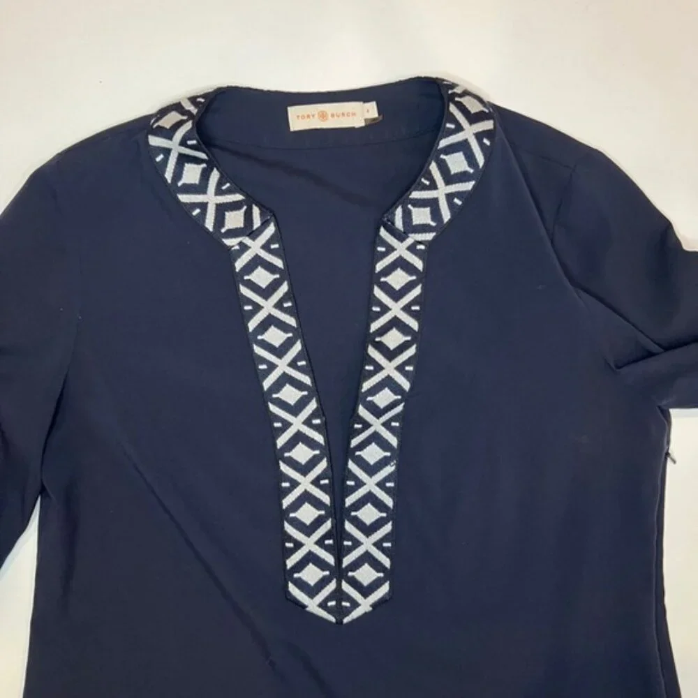 TORY‎ BURCH ARIANA V Neck Tunic with Taping Blouse Embroidered Knit Trim Size 4